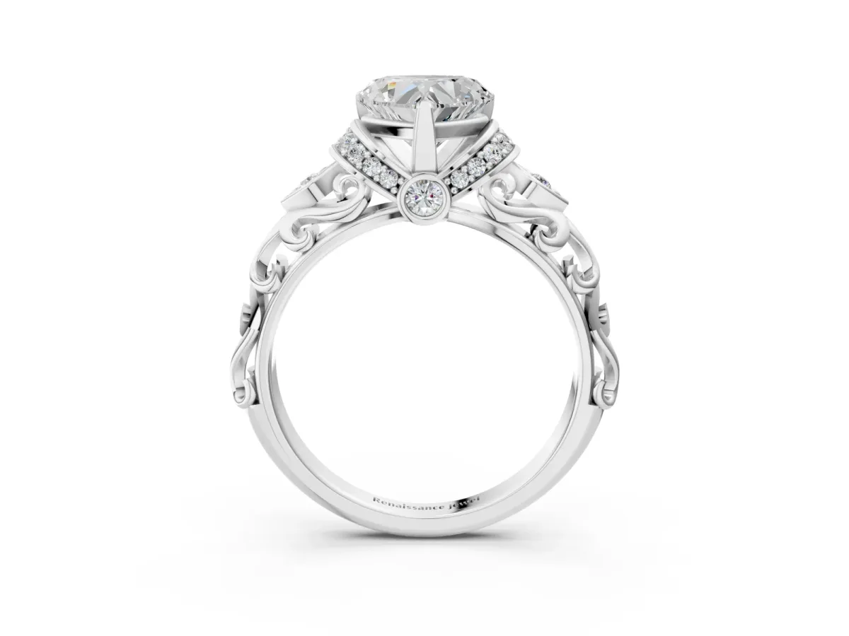 Heart Cut Diamond Solitaire Ring with Filigree Band and Four-Prong Setting Silver