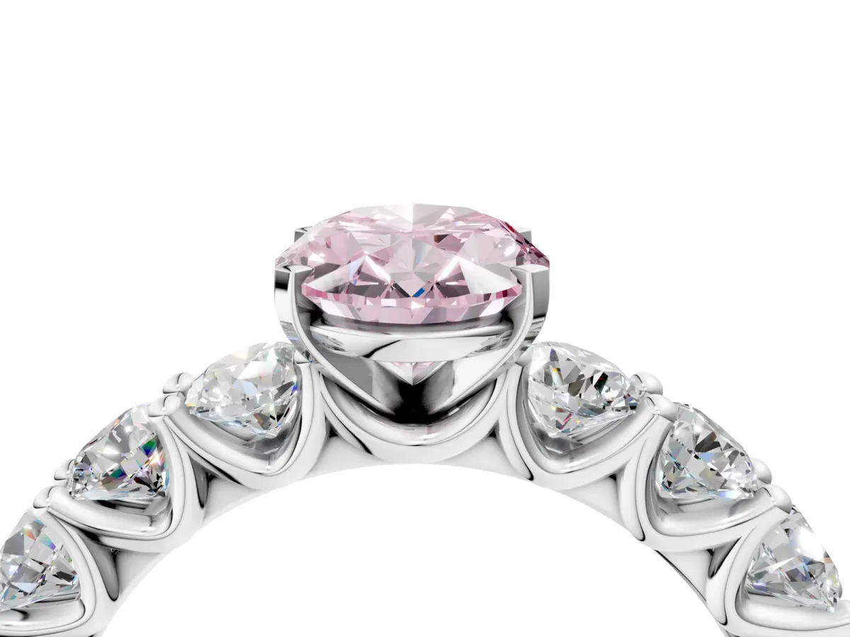 Fancy Pink Oval Cut Diamond Prong Setting with Side Stones on a Pave Band Silver