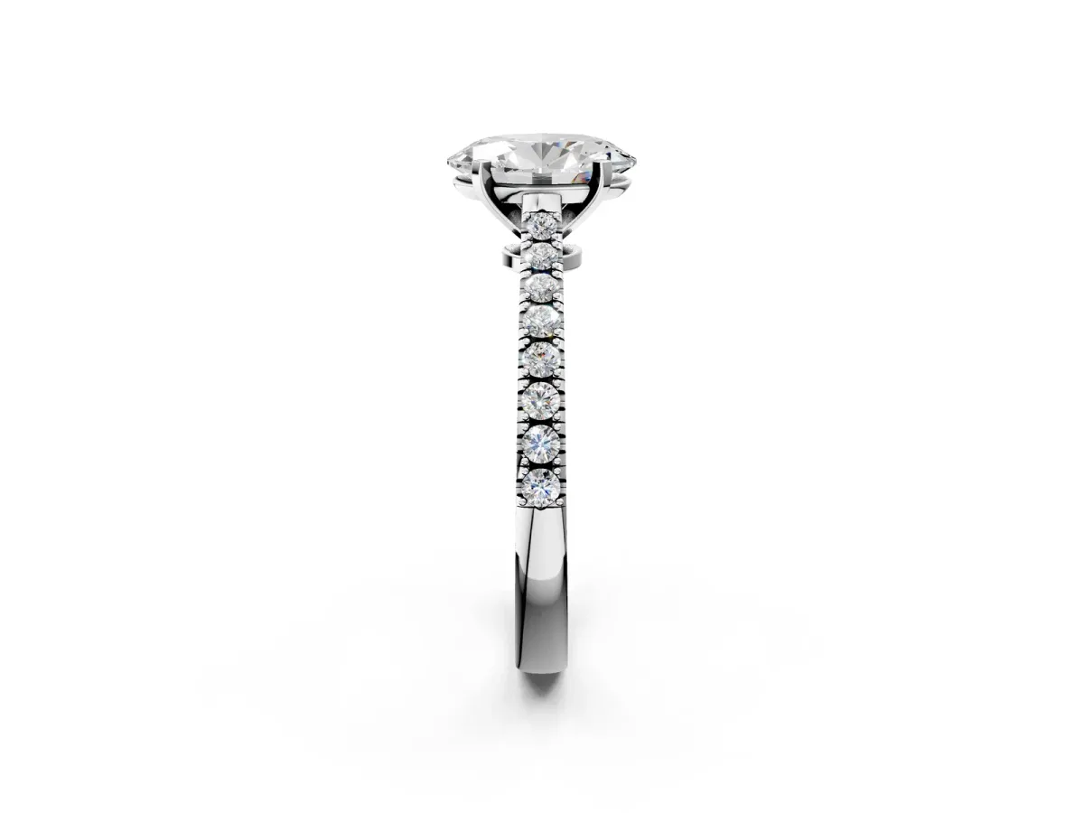 Oval Cut Cut Solitaire Diamond Engagement Ring with Pave Band and Four-Prong Setting Silver