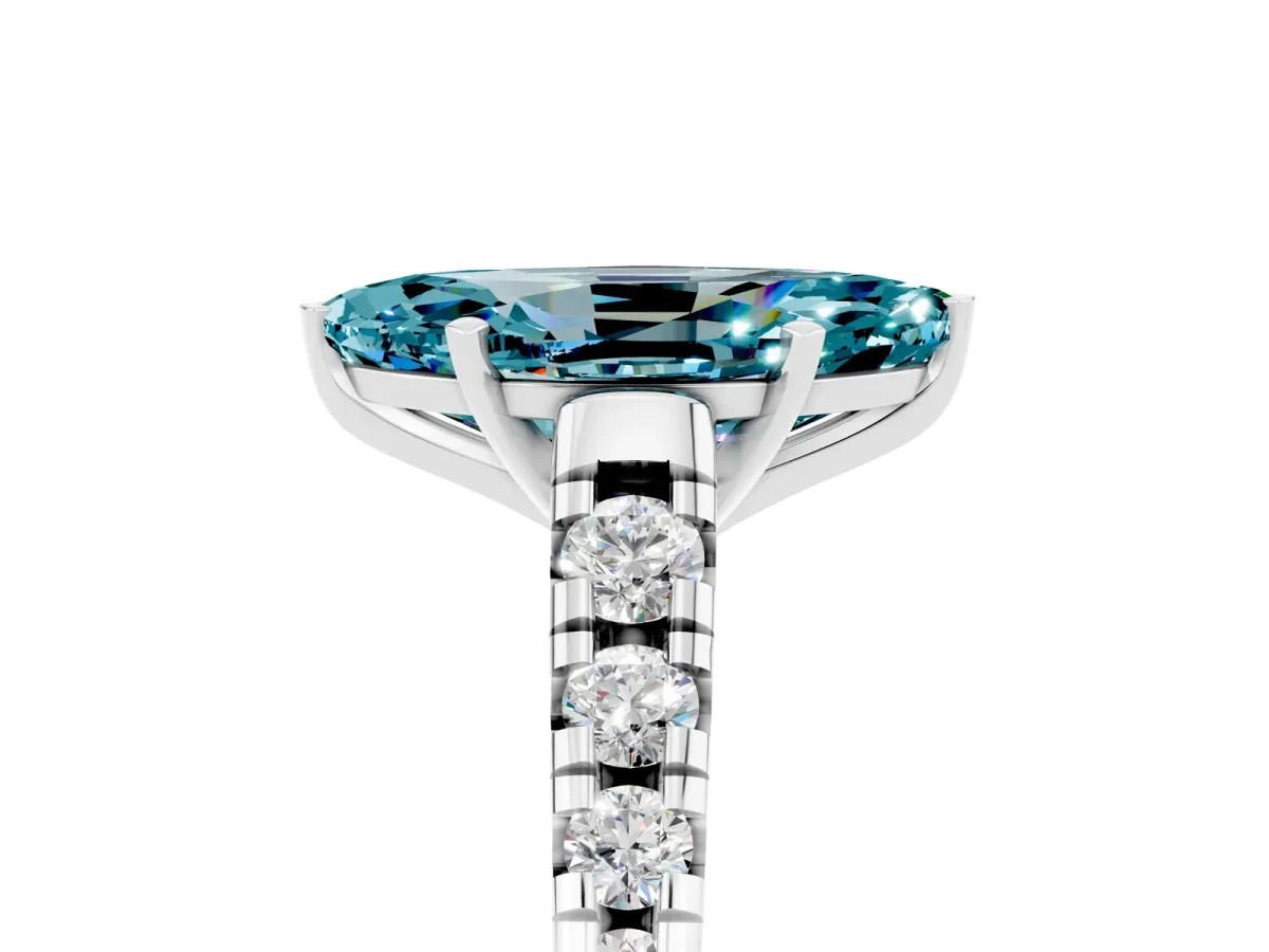 Marquise Cut Blue Topaz Cathedral Solitaire Ring with Round Pavé Band Silver