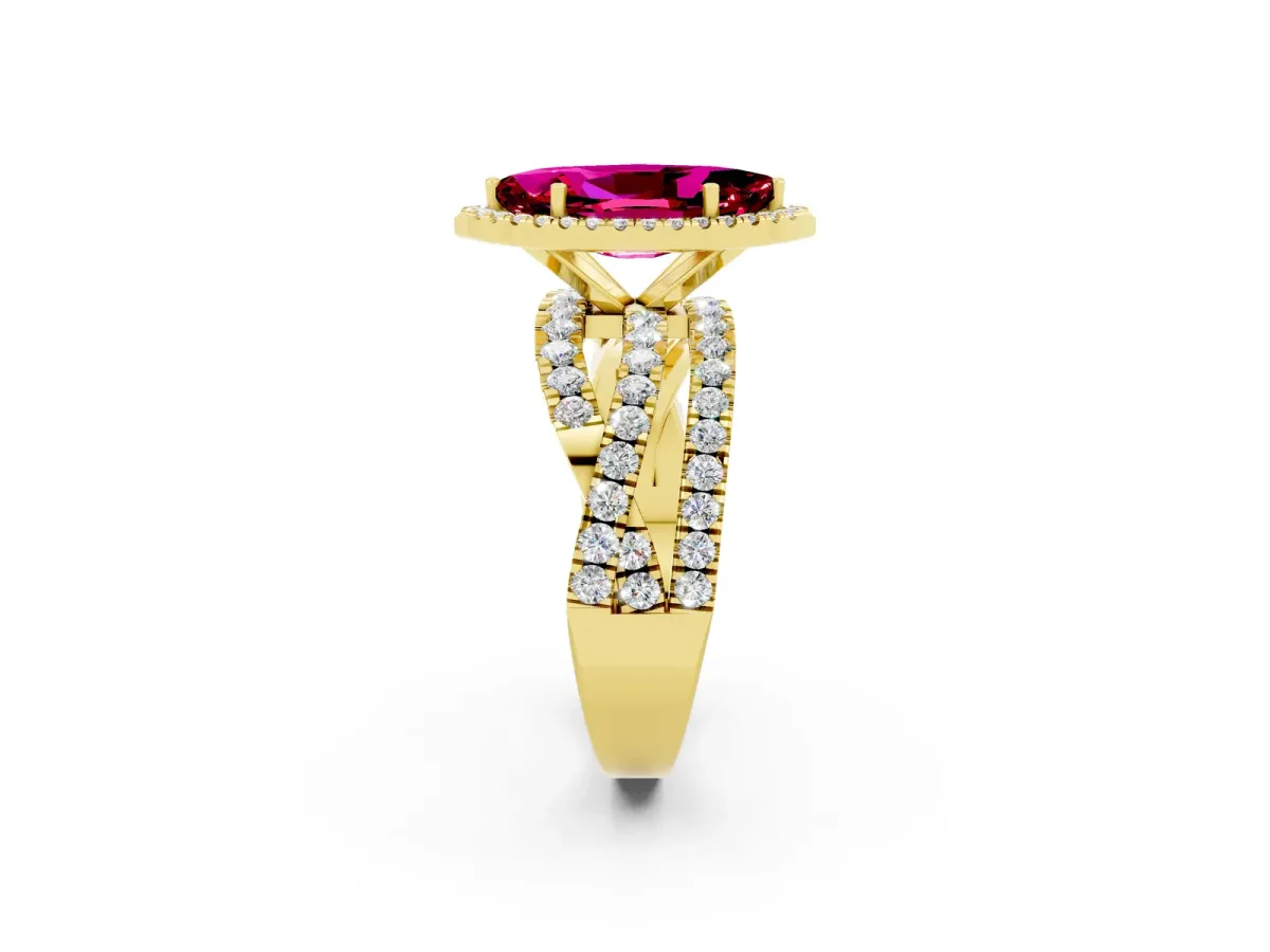 Marquise Cut Garnet Halo Ring with Round Split Shank and Prong Setting Yellow gold