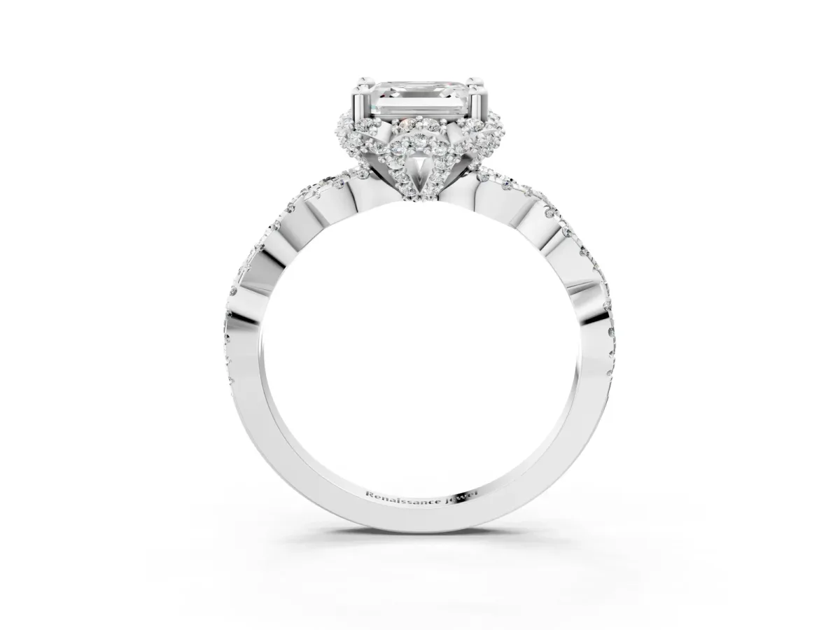 Asscher Cut Halo Twist Band Solitaire Ring with Six-Prong Setting Platinum