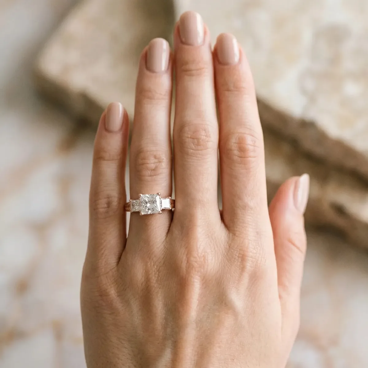 Pear Cut Solitaire Princess Side Stone Engraved Band Prong Setting Ring Rose gold