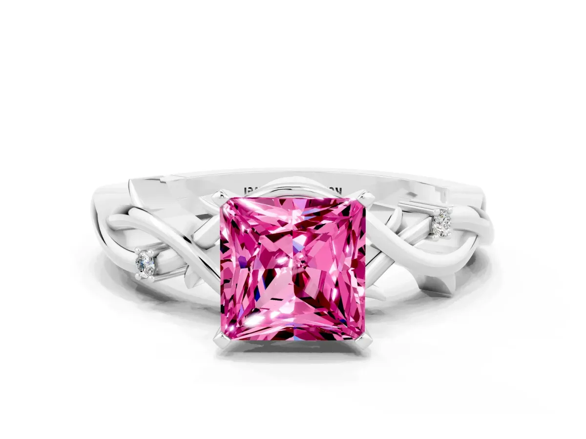 Princess Cut Pink Sapphire Solitaire Ring with Twisted Band and Prong Setting Silver