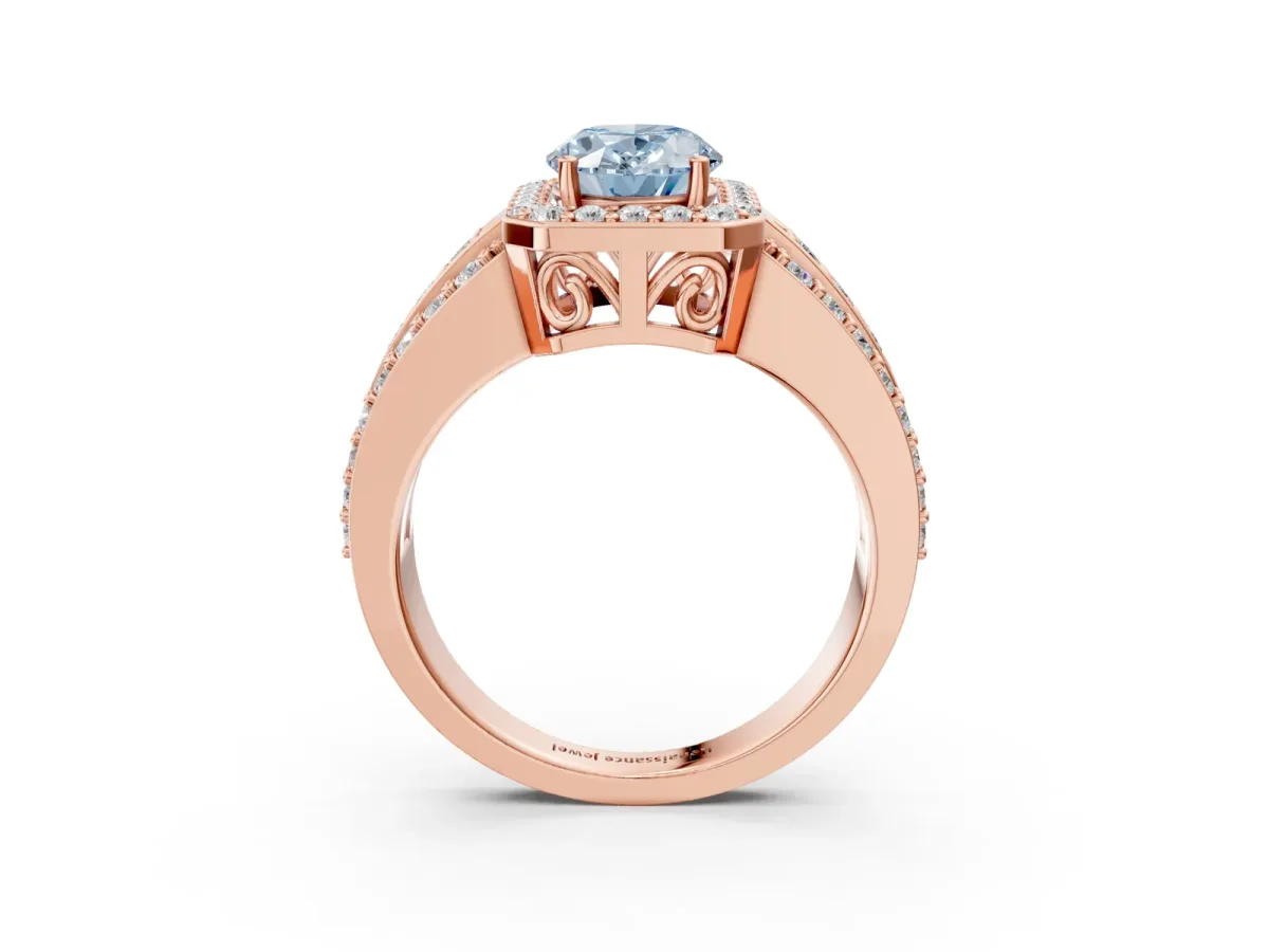 Fancy Blue Oval Cut Halo Diamond Ring with Round Split Shank and Prong Setting Rose gold