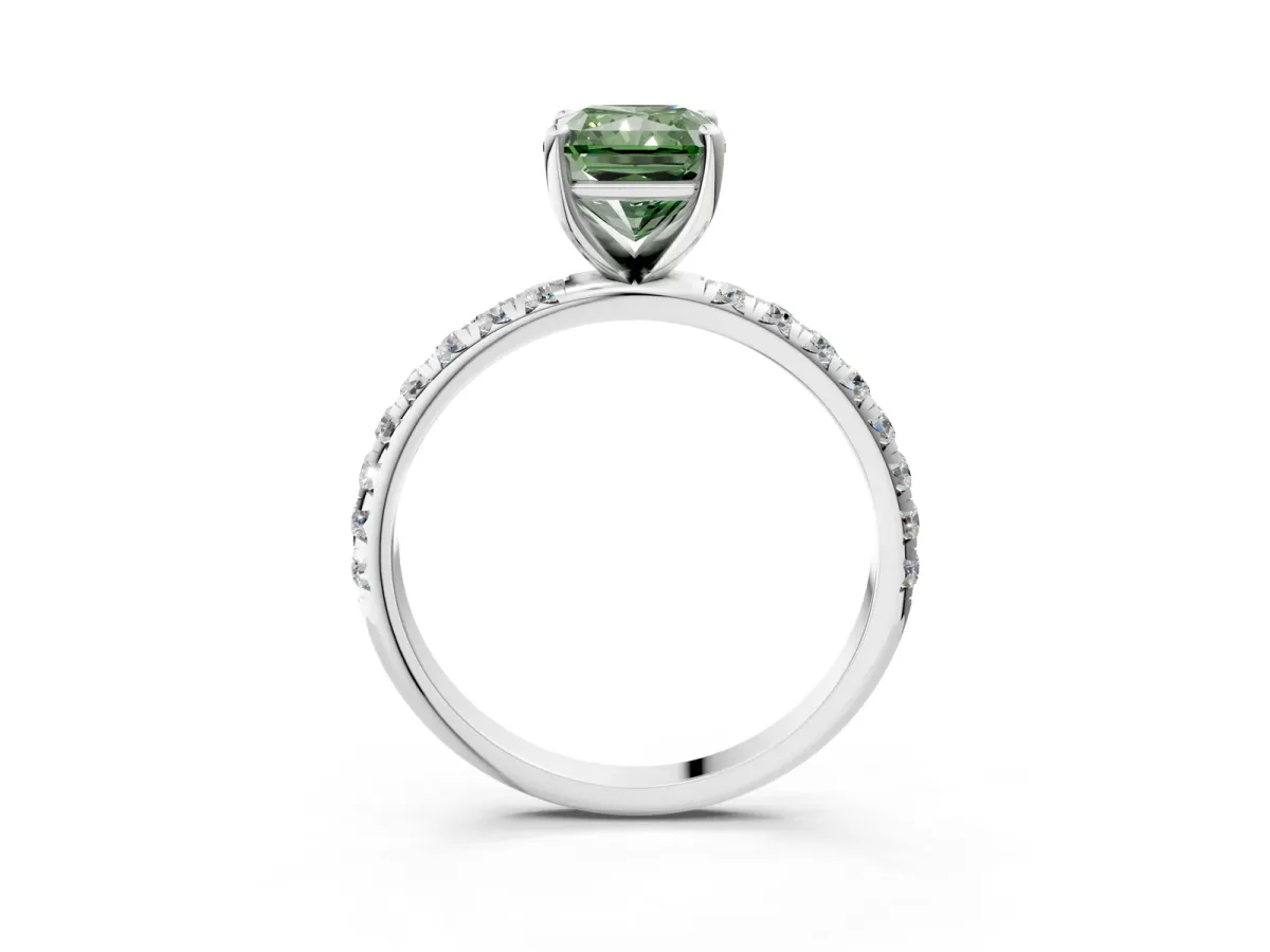 Fancy Green Radiant Cut Cut Diamond Solitaire Ring with Micro Pave Band and Four Prong Setting Platinum