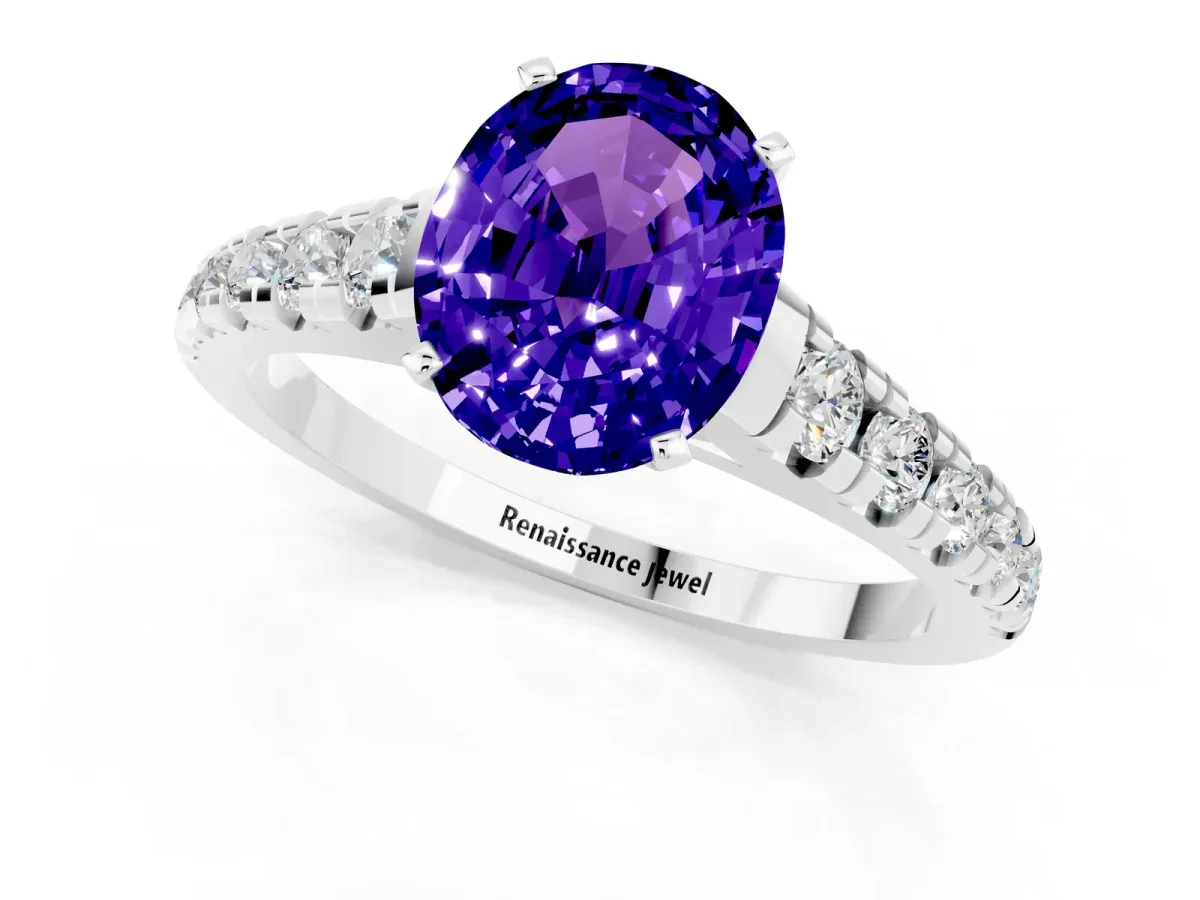Oval Cut Tanzanite Cathedral Solitaire Ring with Round Pavé Band Silver