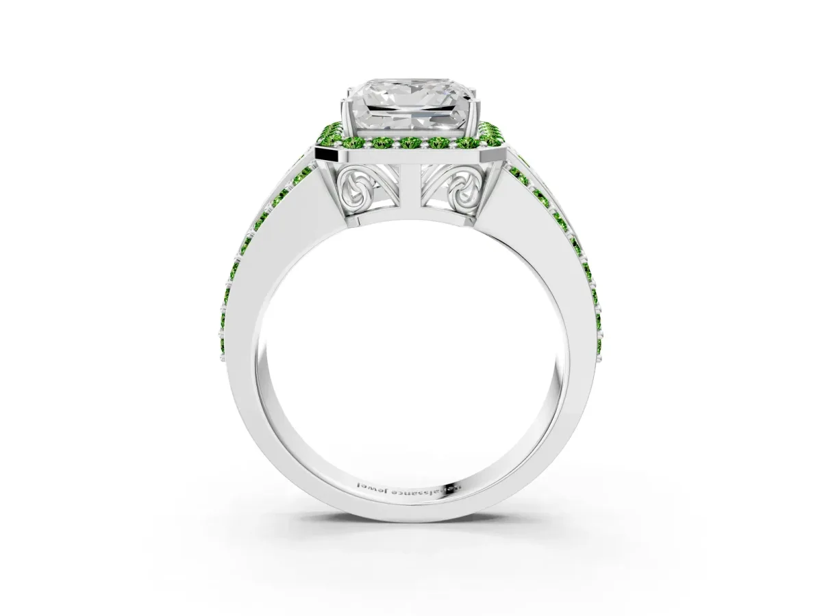 Princess Cut Halo Diamond Ring with Round Peridot Split Shank and Prong Setting Platinum