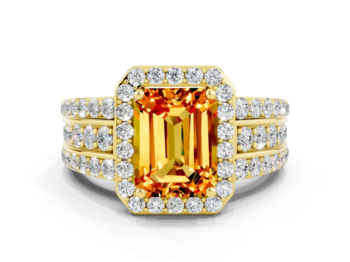 Emerald Cut Halo Citrine Ring with Round Split Shank and Prong Setting Yellow gold