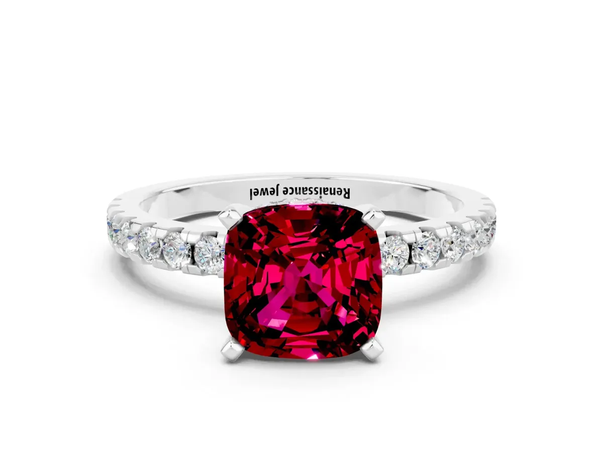 Cushion Cut Garnet Solitaire Ring with Round Pavé Band and Four-Prong Setting Silver