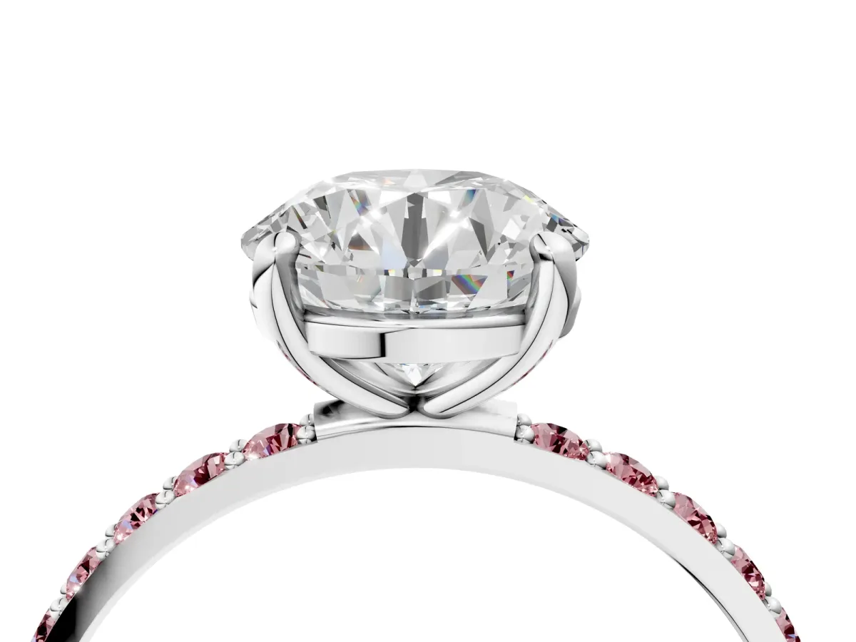 Round Cut Diamond Solitaire Ring with Round Morganite Pavé Band and Prong Setting Silver