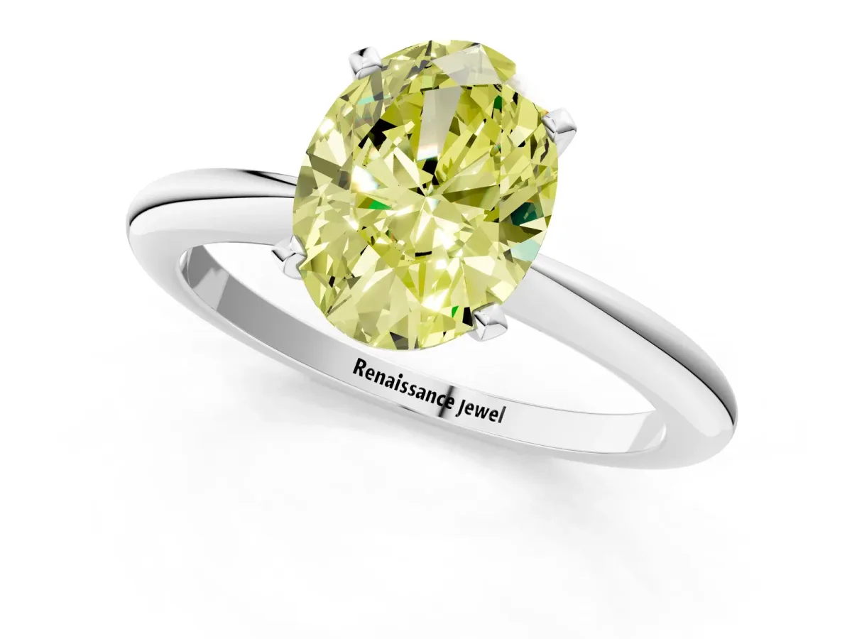 Fancy Yellow Oval Cut Diamond Solitaire Ring with Six-Prong Setting and Classic Band Platinum