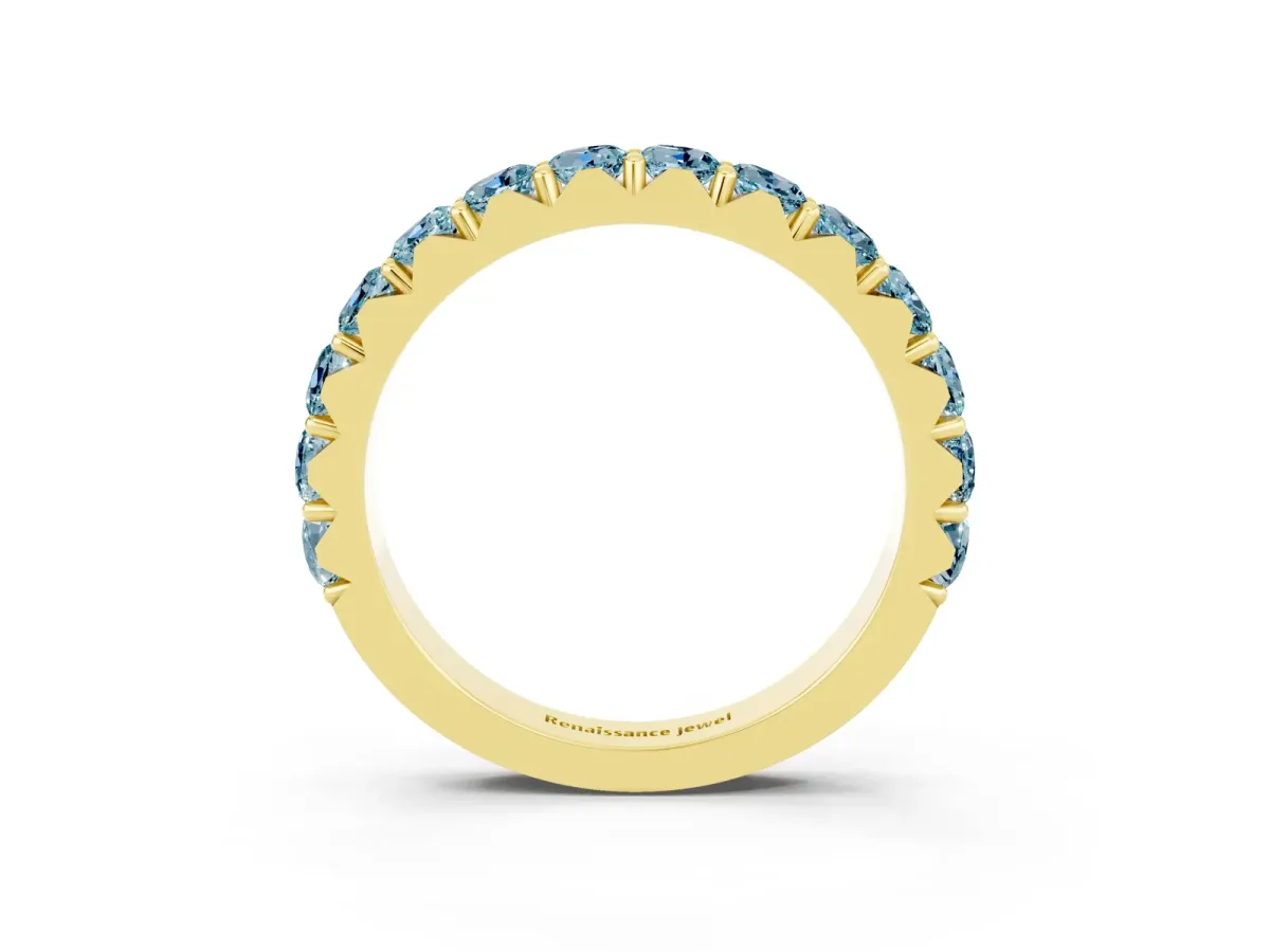 Round Aquamarine Half Eternity Band with Classic Prong Setting Yellow gold