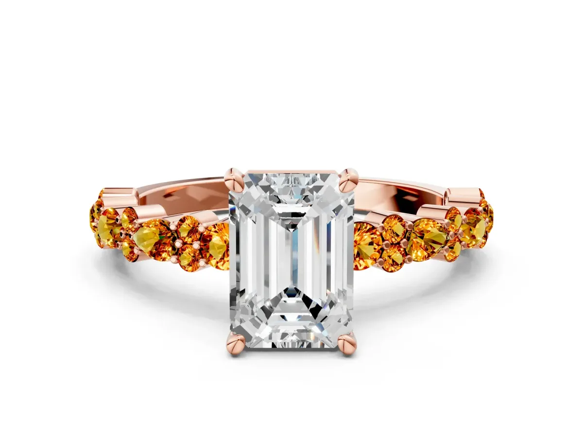 Emerald Cut Diamond Side Stone Solitaire Ring with Round Citrine and Four-Prong Setting Rose gold