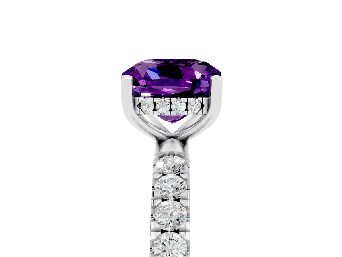 Cushion Cut Amethyst Pave Band Solitaire Ring with Round and Prong Setting Platinum