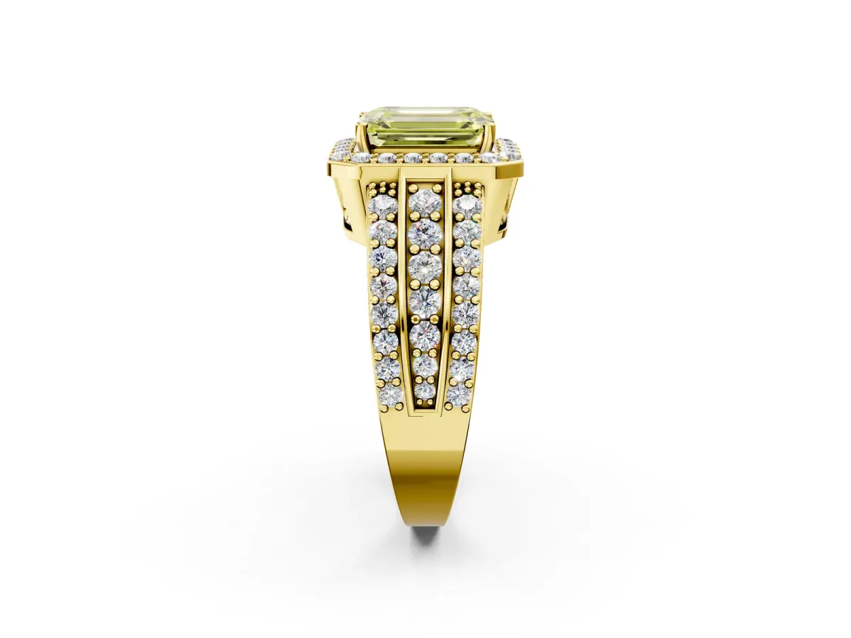 Fancy Yellow Emerald Cut Halo Diamond Ring with Round Split Shank and Prong Setting Yellow gold