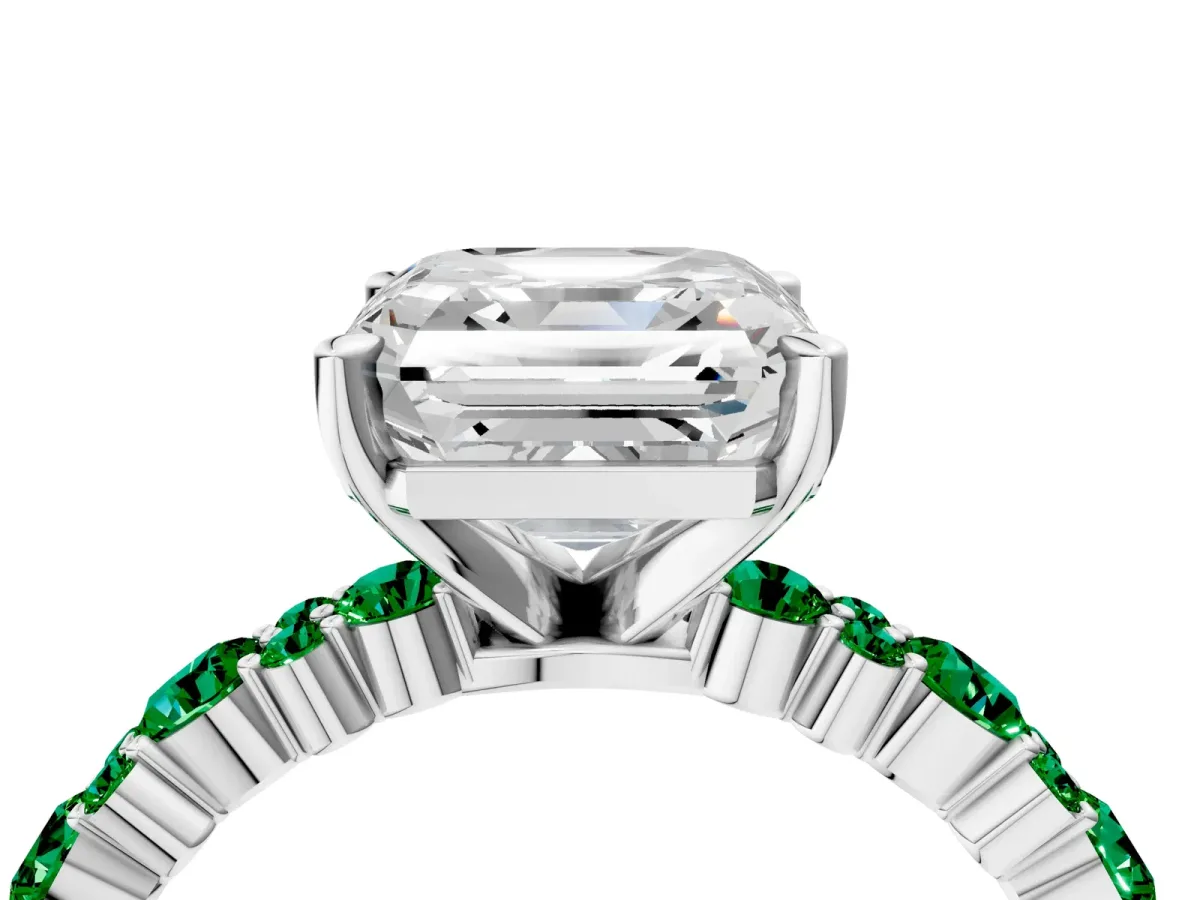 Asscher Cut Diamond Side Stone Solitaire Ring with Round Emerald and Four-Prong Setting Platinum