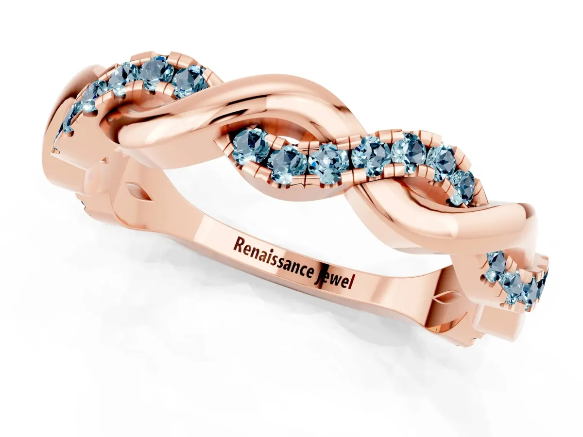 Pavé Round Aquamarine Twist Eternity Band with Shared Prong Setting Rose gold
