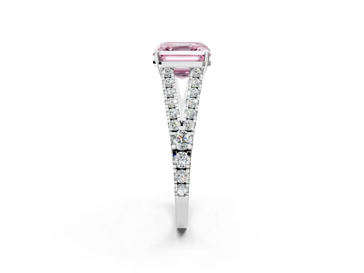 Fancy Pink Asscher Cut Diamond Split Shank Engagement Ring with Round Pavé and Prong Setting Platinum