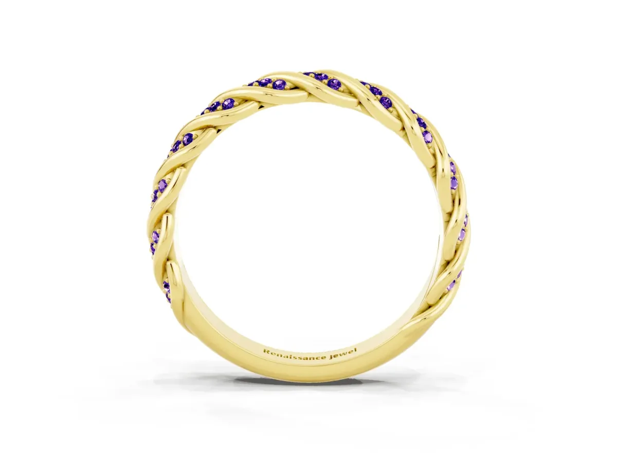 Twisted Pavé Round Tanzanite Eternity Band with Shared Prong Setting Yellow gold
