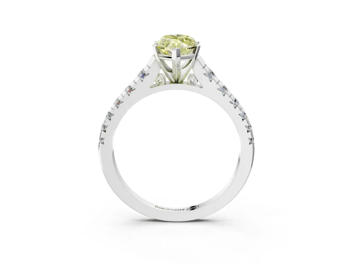 Fancy Yellow Marquise Cut Diamond Cathedral Solitaire Ring with Round Pavé Band Silver