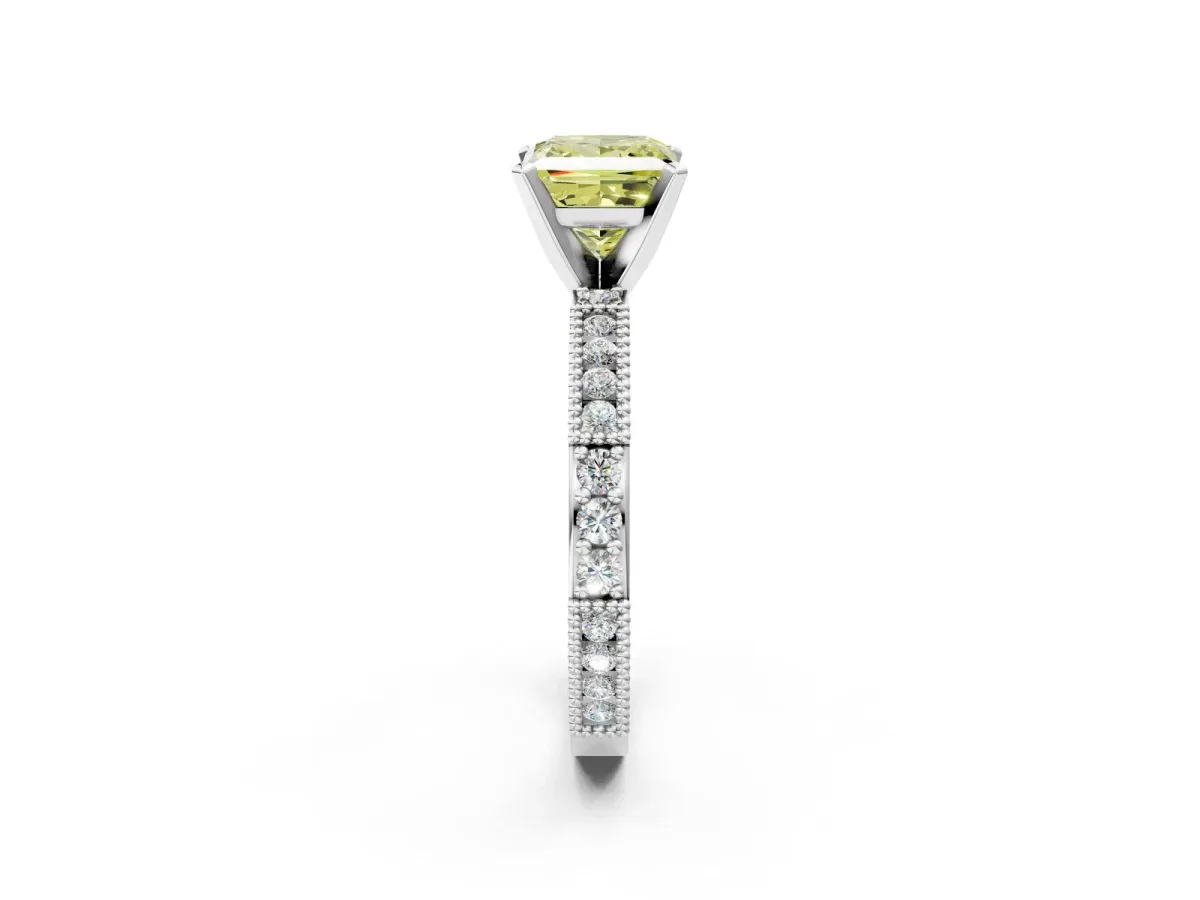 Fancy Yellow Princess Cut Solitaire with Pavé Band and Four-Prong Setting Silver