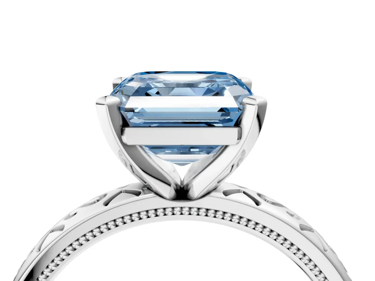 Fancy Blue Asscher Cut Solitaire Engagement Ring with Scrollwork Band and Four-Prong Setting Platinum