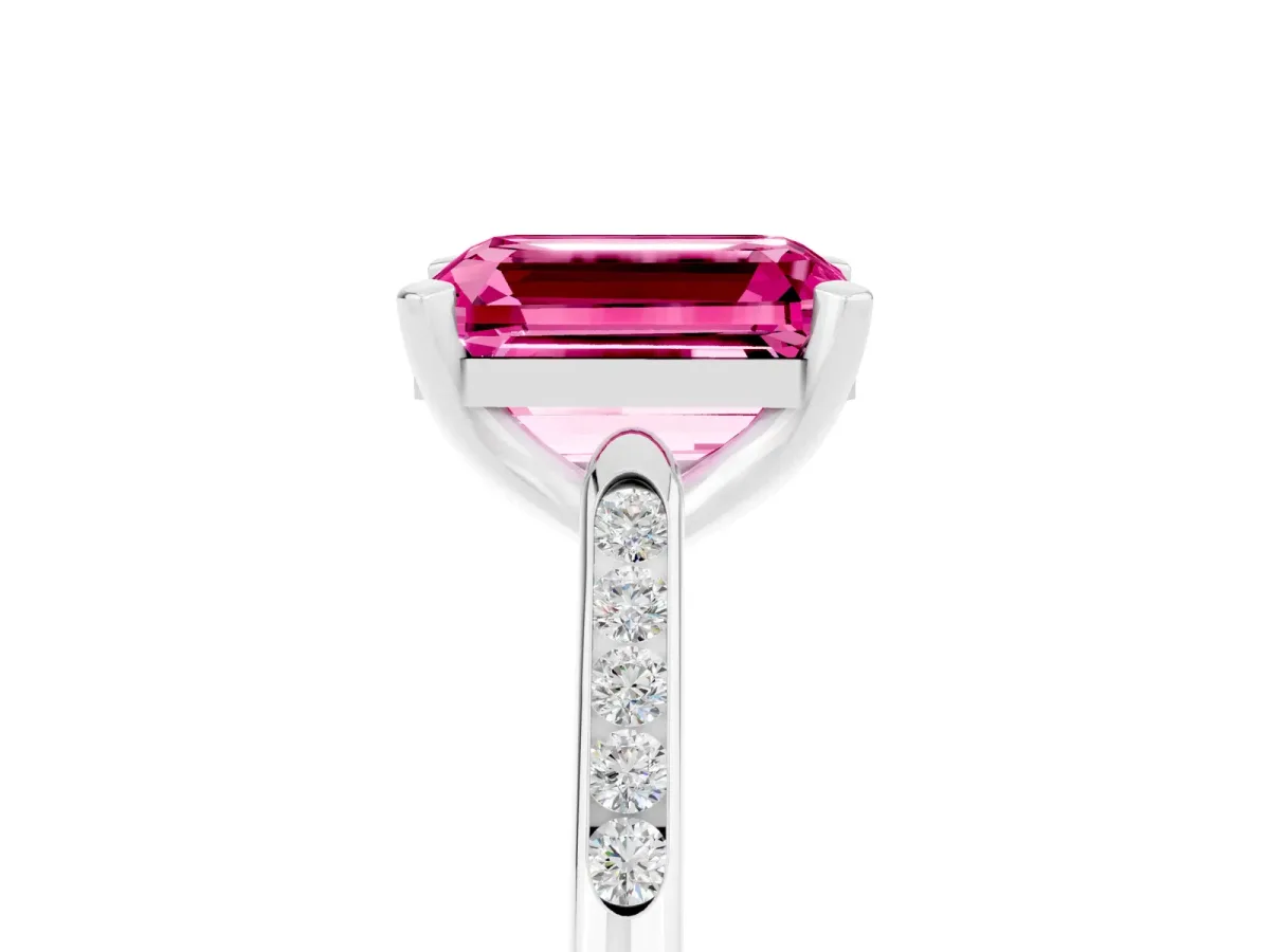 Emerald Cut Pink Sapphire Solitaire Ring with Channel Set Round Band and Prong Setting Silver
