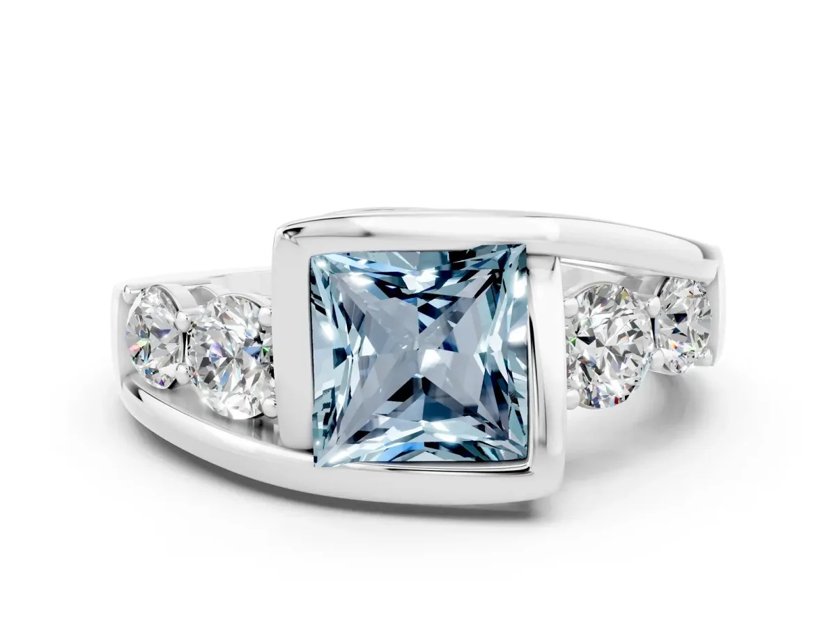 Bezel Set Princess Cut Aquamarine Bypass Ring with Round Accents Silver