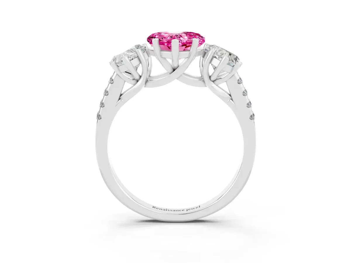 Three-Stone Heart Cut Pink Sapphire Ring with Round Pavé Band and Prong Setting Silver