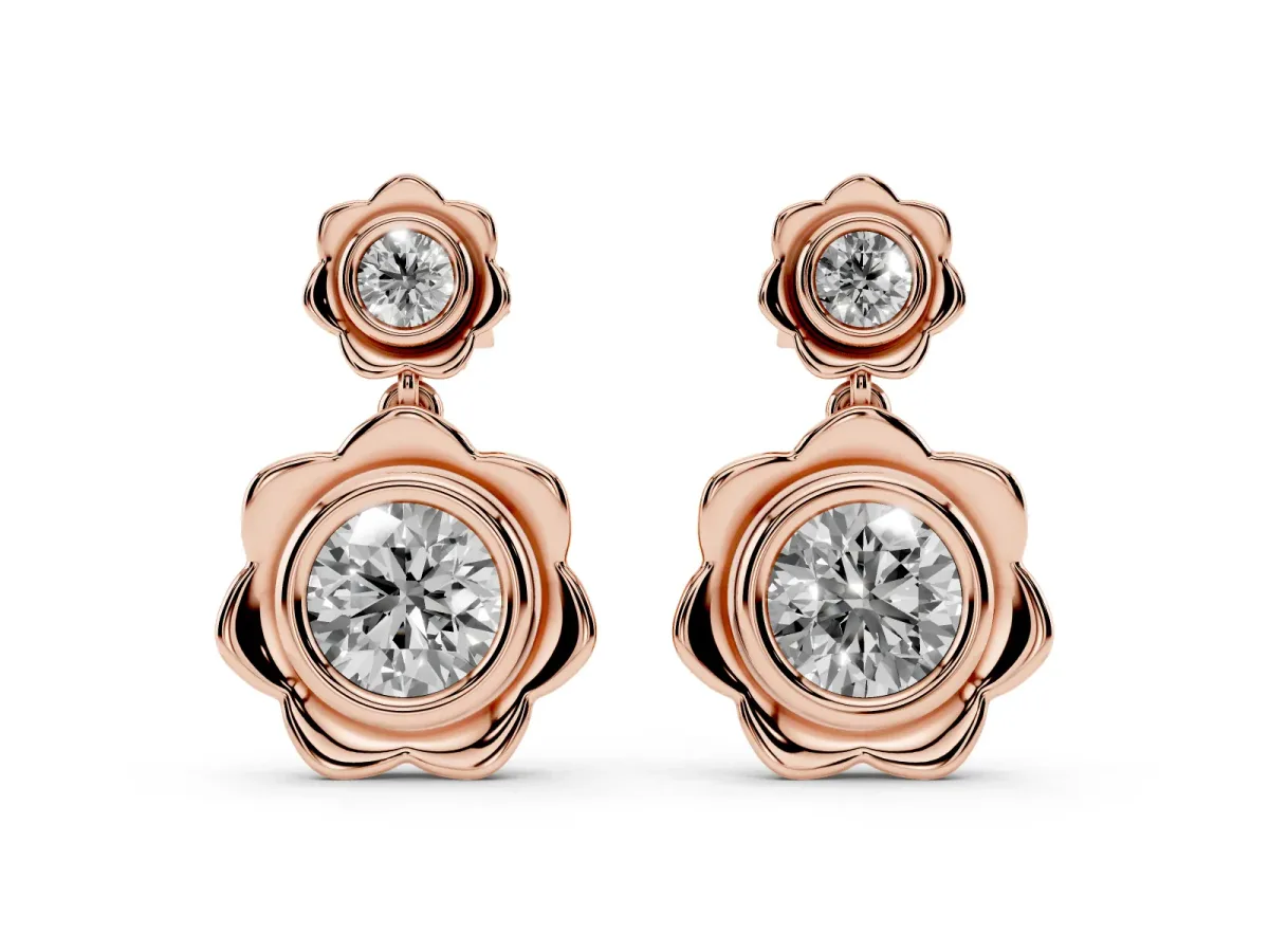 Round Diamond Flower Drop Earrings with Lab Diamond Accents Rose gold