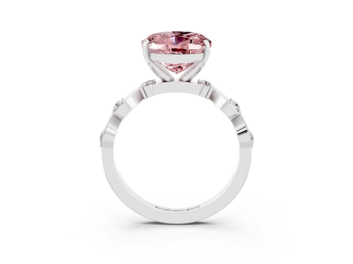 Oval Cut Morganite Solitaire Twisted Band with Round Accents and Prong Setting Silver