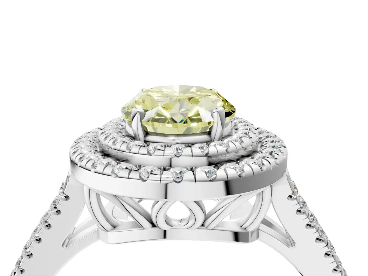 Fancy Yellow Oval Cut Diamond Double Halo Ring with Pavé Band and Prong Setting Silver