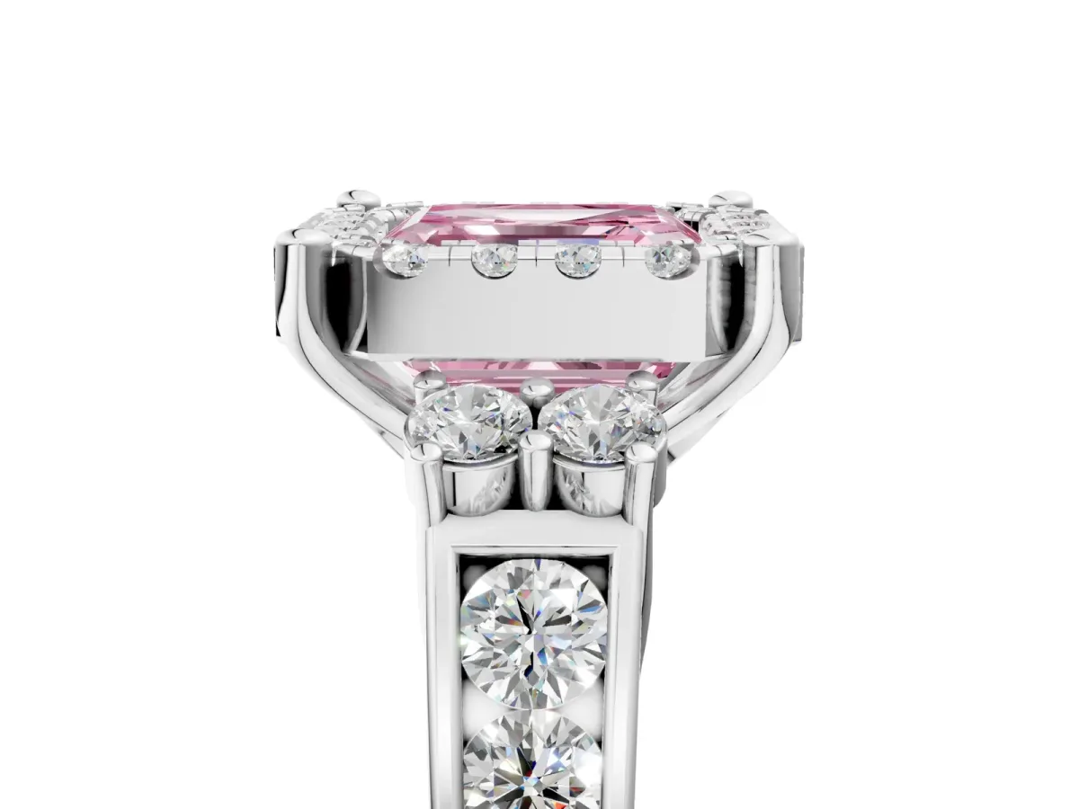 Fancy Pink Asscher Cut Halo Diamond Engagement Ring with Split Shank and Four-Prong Setting Platinum