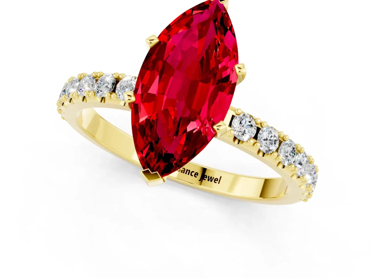 Marquise Cut Ruby Solitaire Pavé Band with Four-Prong Setting Yellow gold