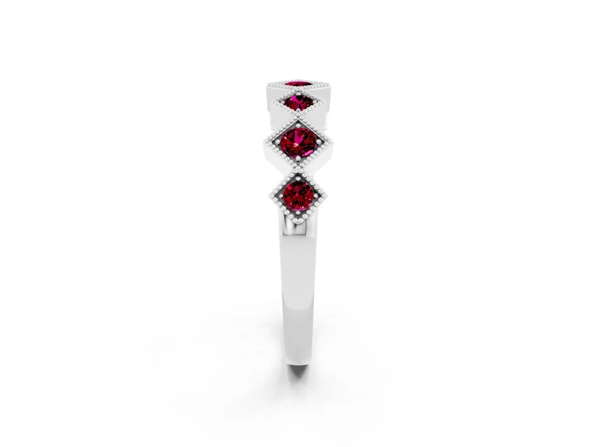 Milgrain Square Bezel Round Garnet Chevron Band Silver