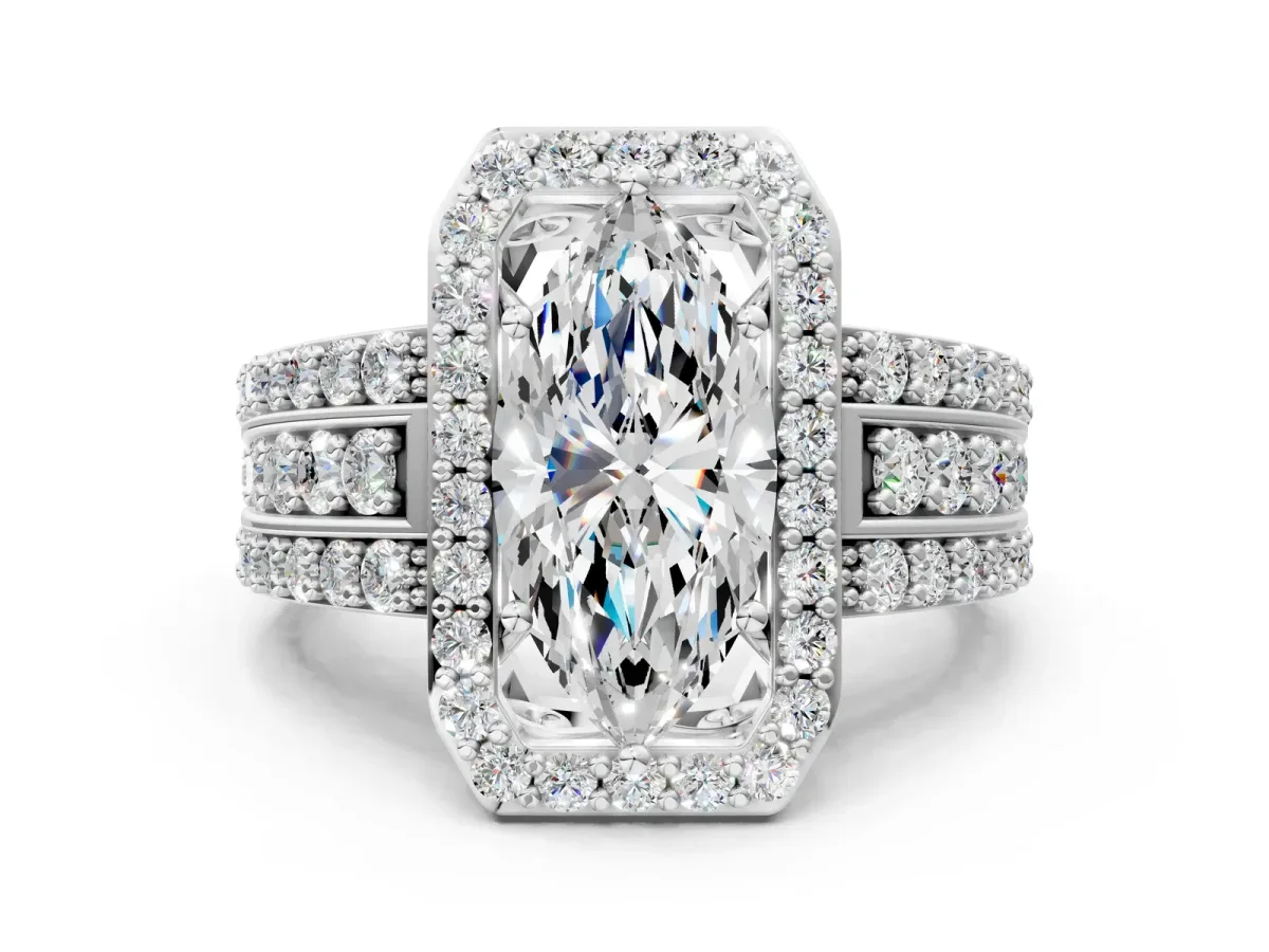 Marquise Cut Halo Diamond Ring with Round Moissanite Split Shank and Prong Setting Silver