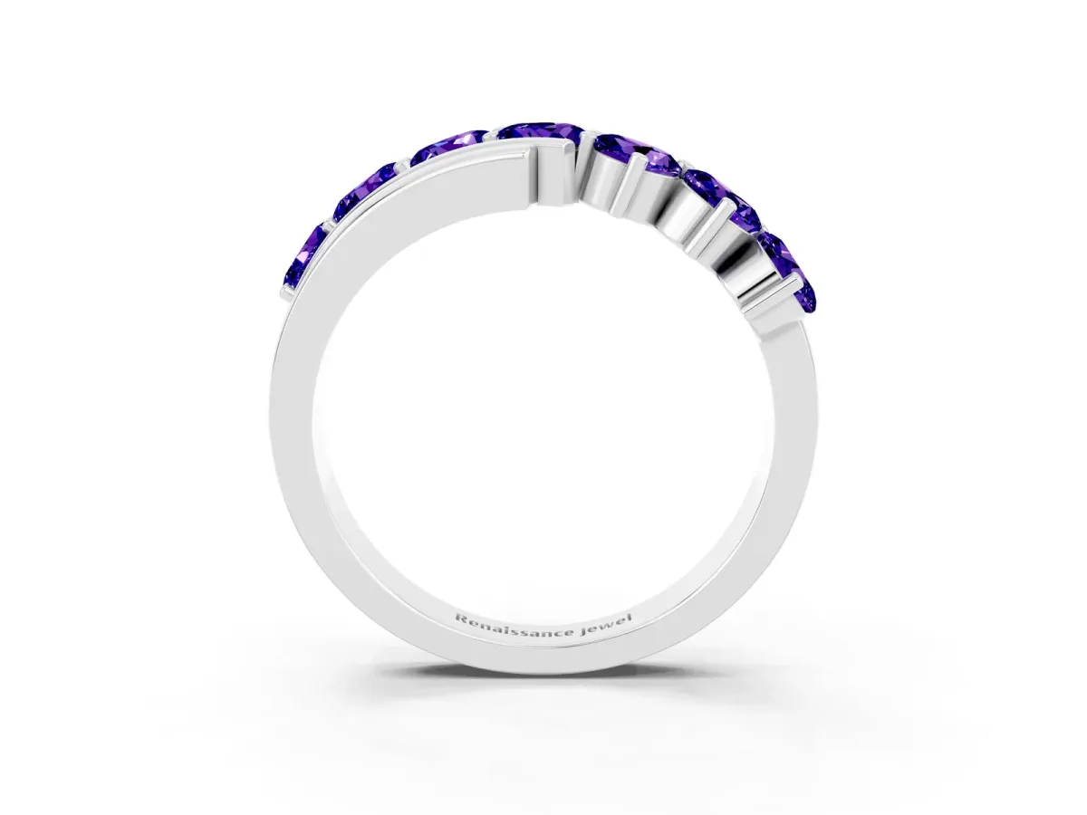 Round Tanzanite Wave Band with Channel and Shared Prong Setting Silver