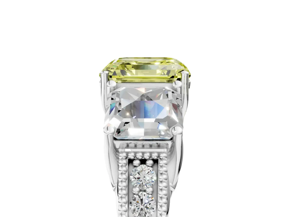 Fancy Yellow Three-Stone Asscher Cut Cut Milgrain Pavé Engagement Ring Platinum