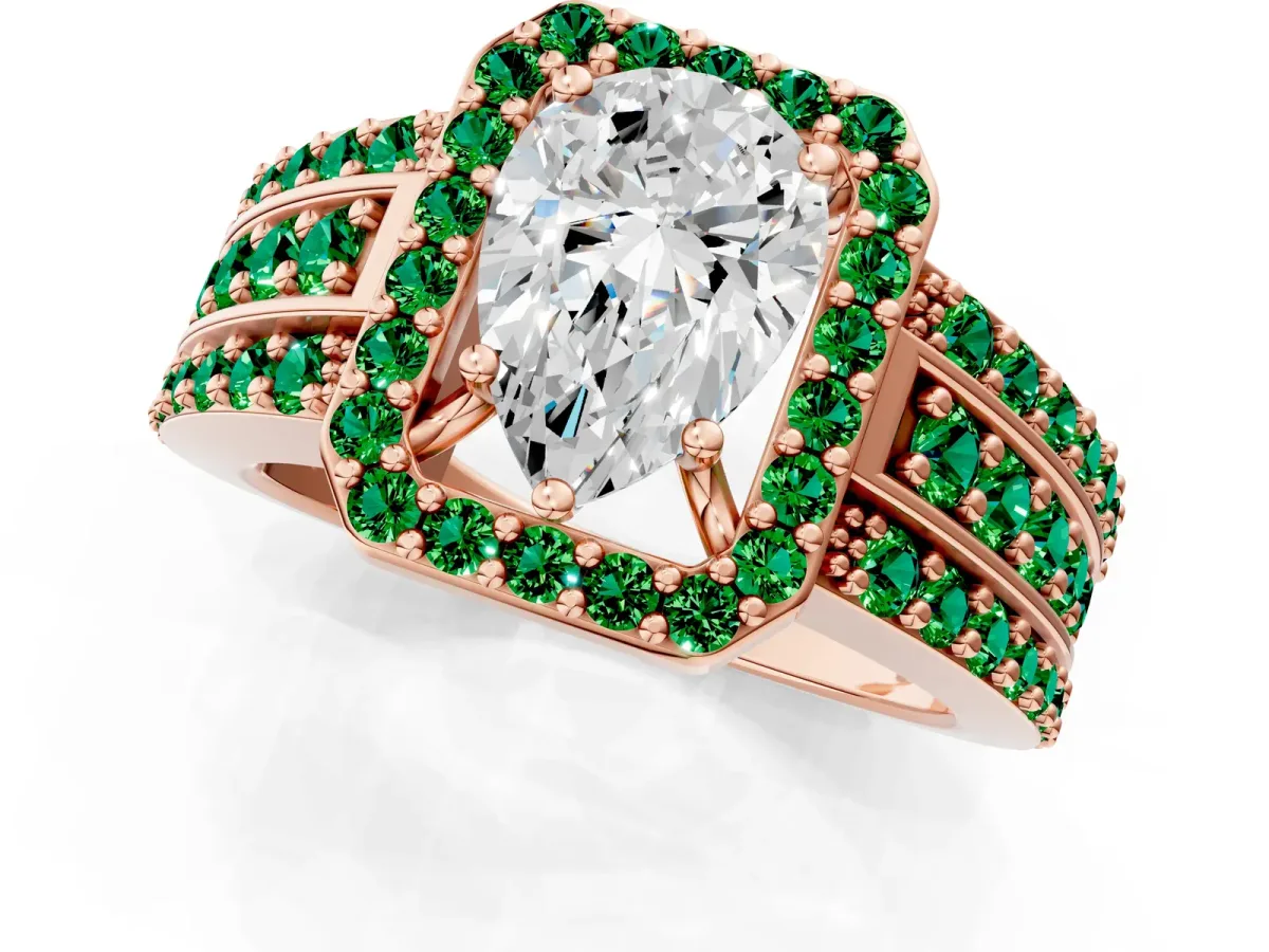 Pear Cut Halo Diamond Ring with Round Emerald Split Shank and Prong Setting Rose gold