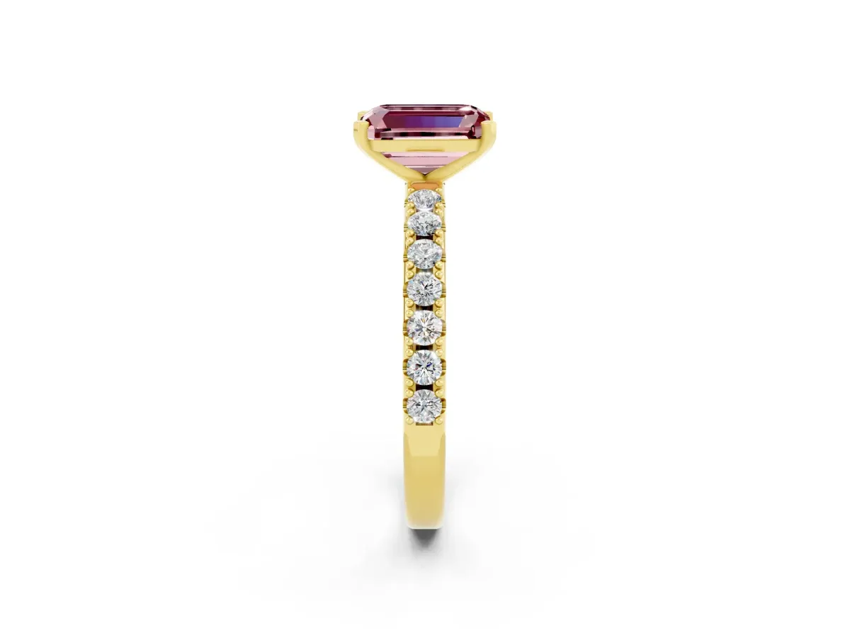 Emerald Cut Morganite Solitaire Pavé Band with Four-Prong Setting Yellow gold