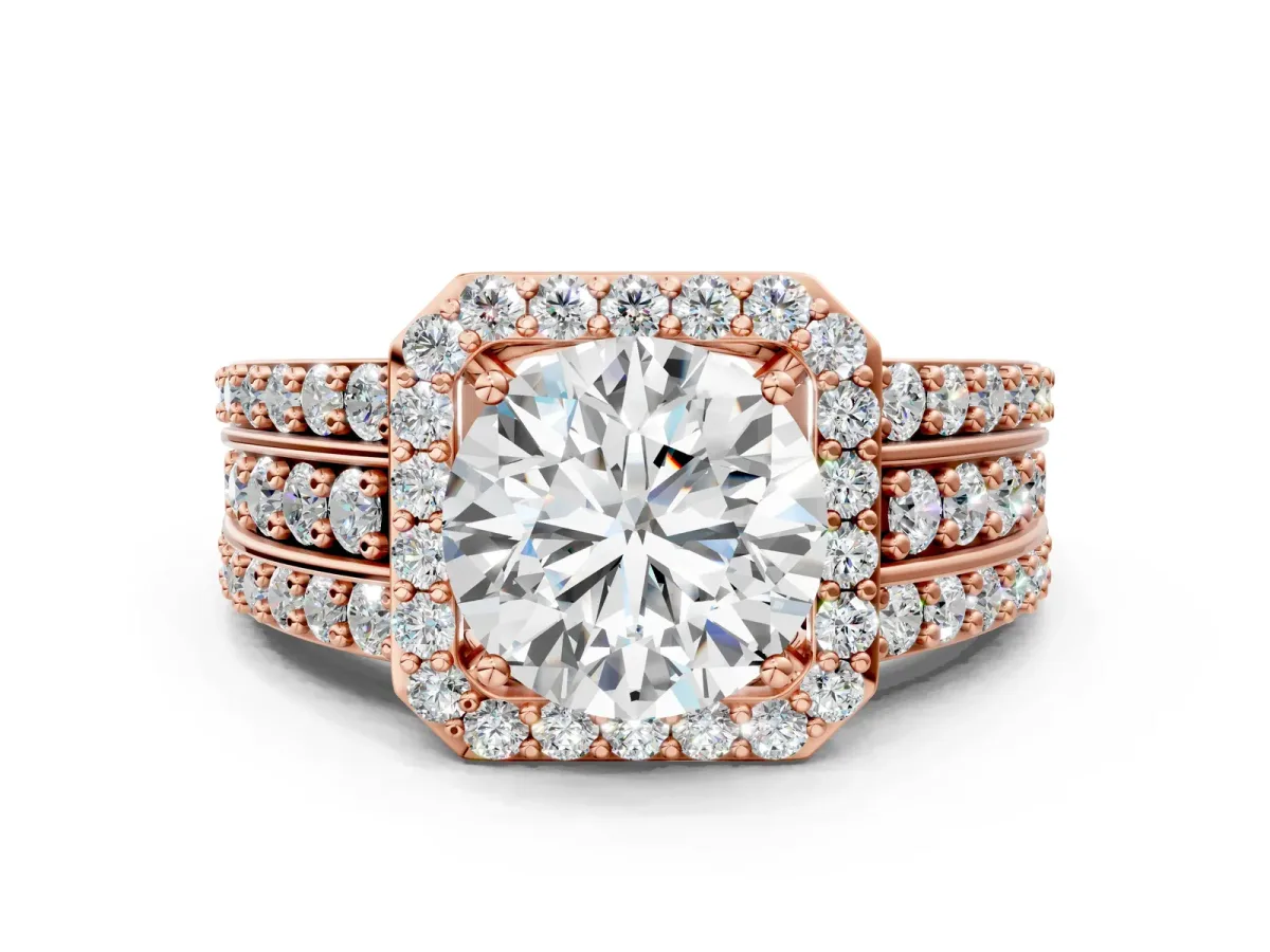 Round Cut Halo Diamond Ring with Round Split Shank and Prong Setting Rose gold