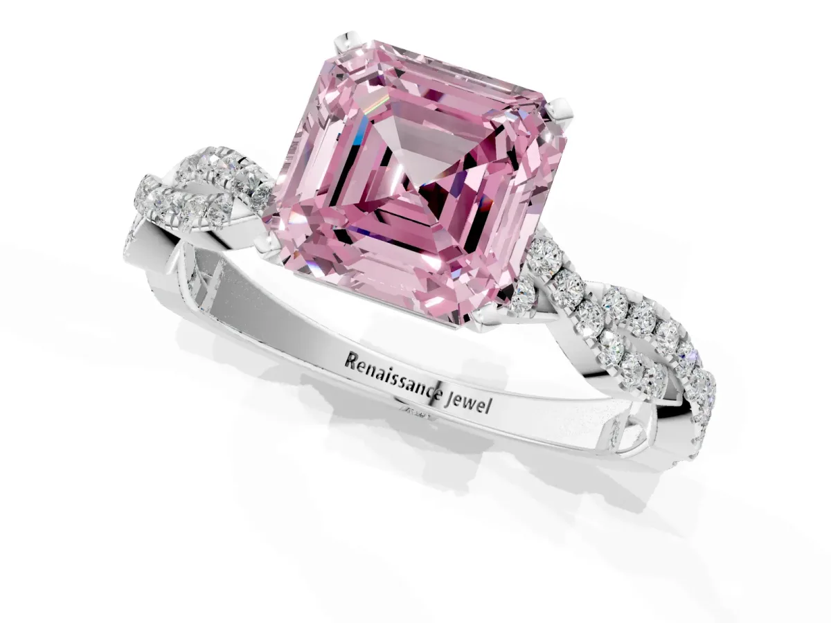 Fancy Pink Asscher Cut Solitaire Twisted Pave Band with Four-Prong Setting Platinum