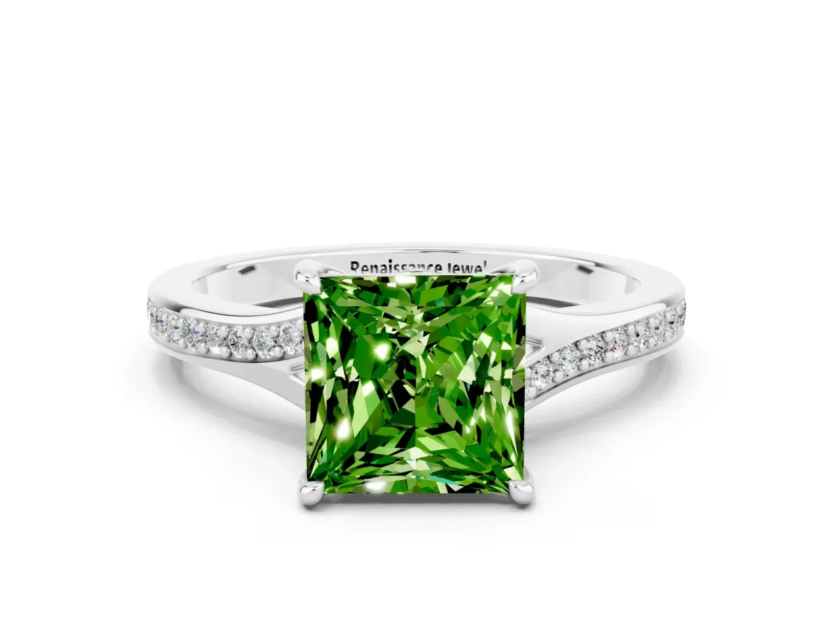 Princess Cut Peridot Solitaire Ring with Pavé Band and Prong Setting Silver