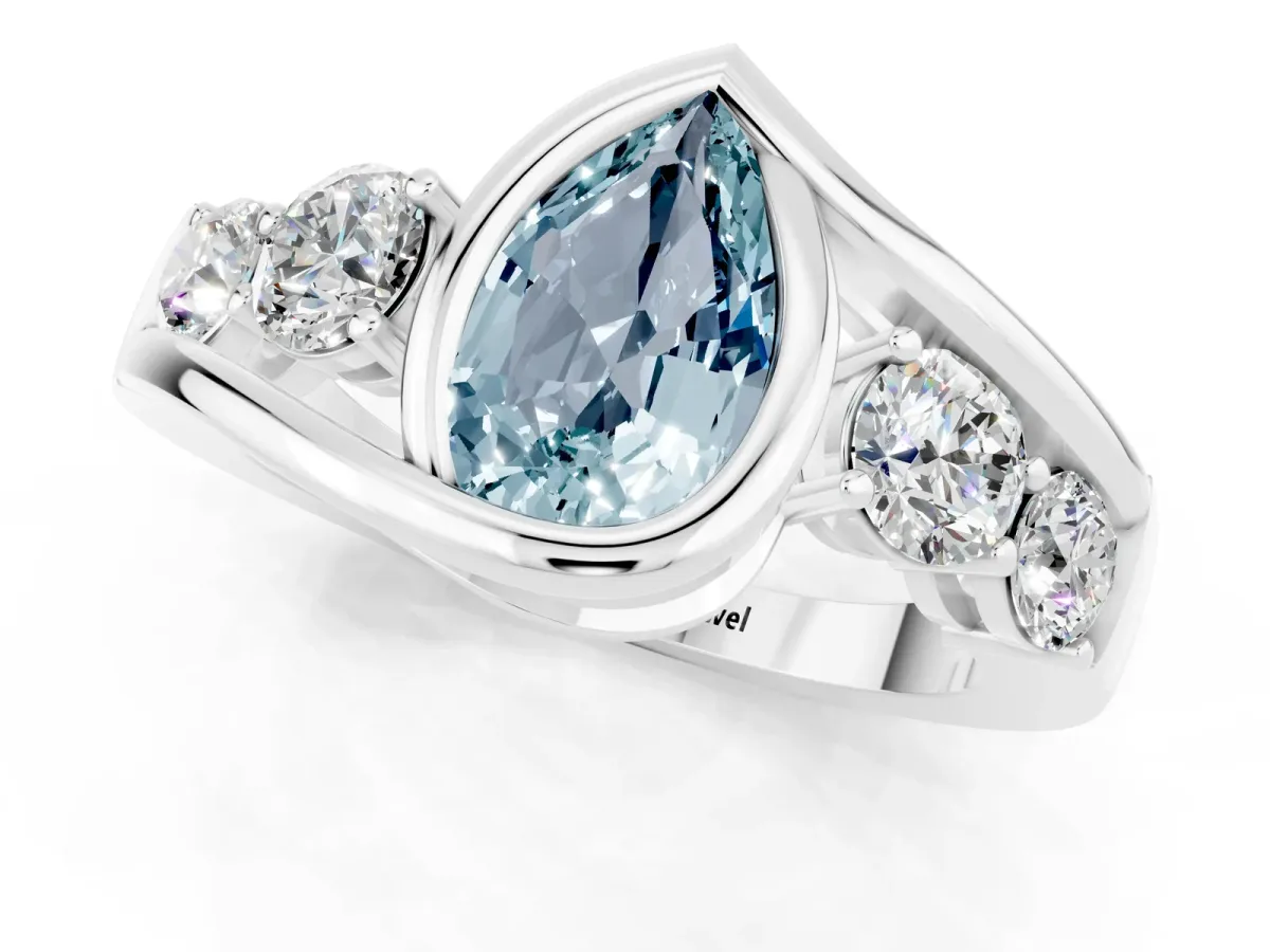 Bezel Set Pear Cut Aquamarine Bypass Ring with Round Accents Silver