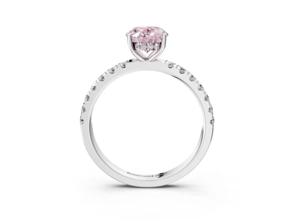Fancy Pink Oval Cut Diamond Pave Band Solitaire Ring with Round and Prong Setting Platinum