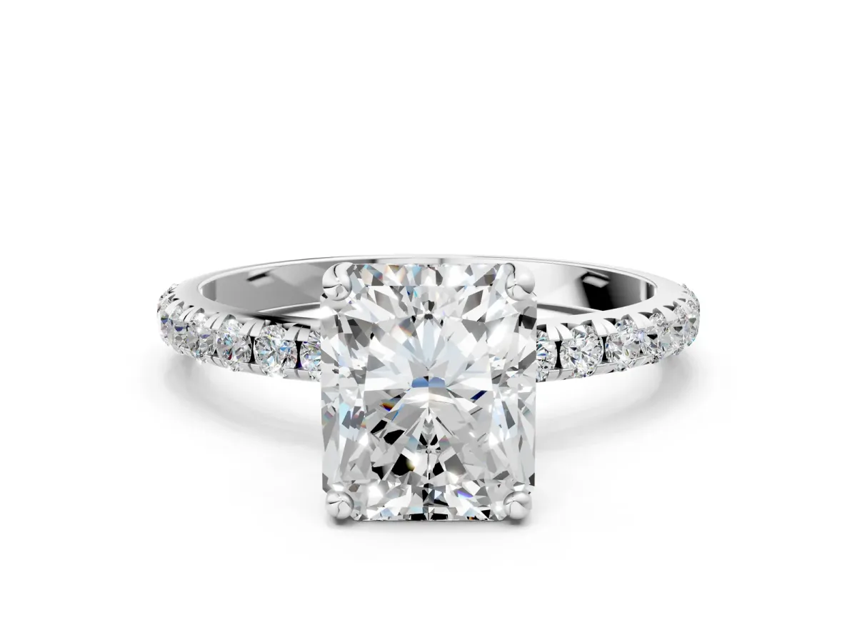 Radiant Cut Cut Diamond Solitaire Ring with Micro Pave Band and Four Prong Setting Platinum