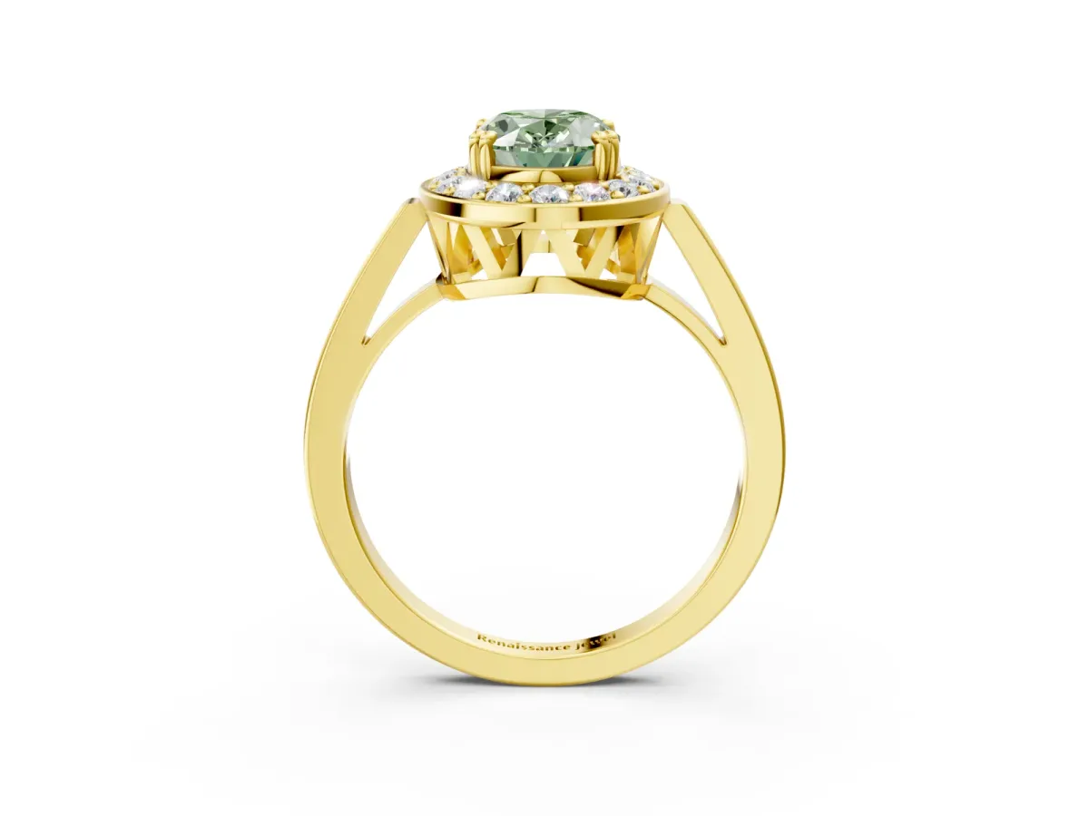 Fancy Green Oval Cut Diamond Halo Ring with Split Shank and Four-Prong Setting Yellow gold