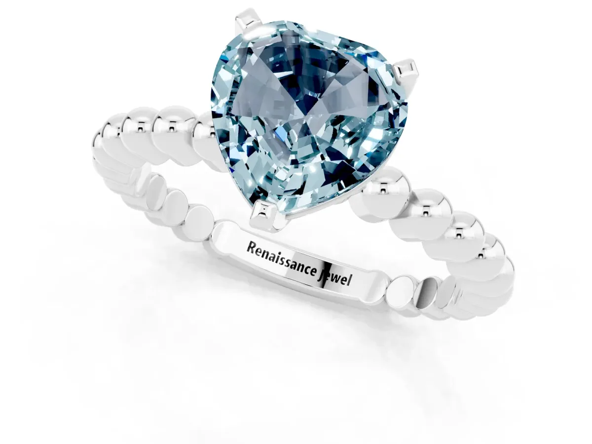 Heart Cut Aquamarine Solitaire Ring with Beaded Band and Prong Setting Silver