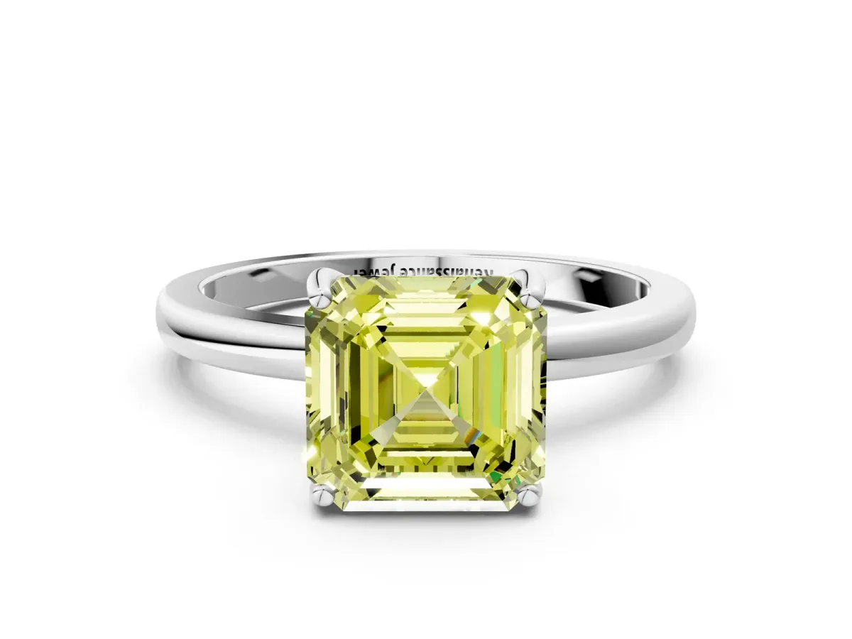 Fancy Yellow Asscher Cut Solitaire Diamond Ring with Prong Setting and Plain Band Silver